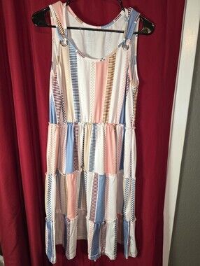 Patchwork Striped Pastel Tiered Sundress - Pink Blue Cream